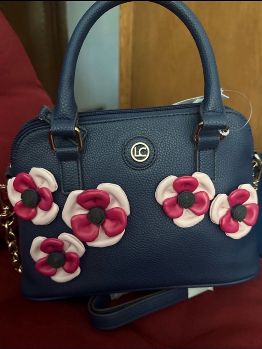 Liz Claiborne Navy Satchel with Pink Floral Appliqués